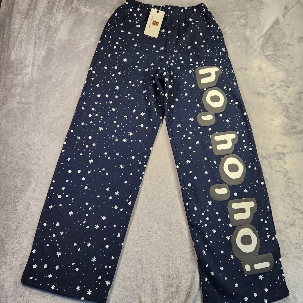 New SKIMS x CPFM Cotton Fleece Classic Straight Pant Navy Ho Ho Ho Snow Print XS